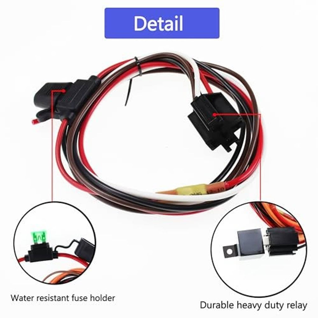 Close-up dual fan relay harness with waterproof fuse holder and heavy-duty relay units