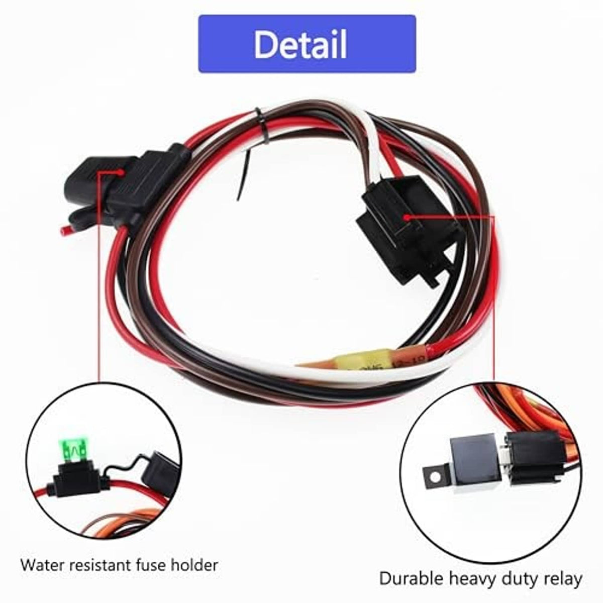 Close-up dual fan relay harness with waterproof fuse holder and heavy-duty relay units
