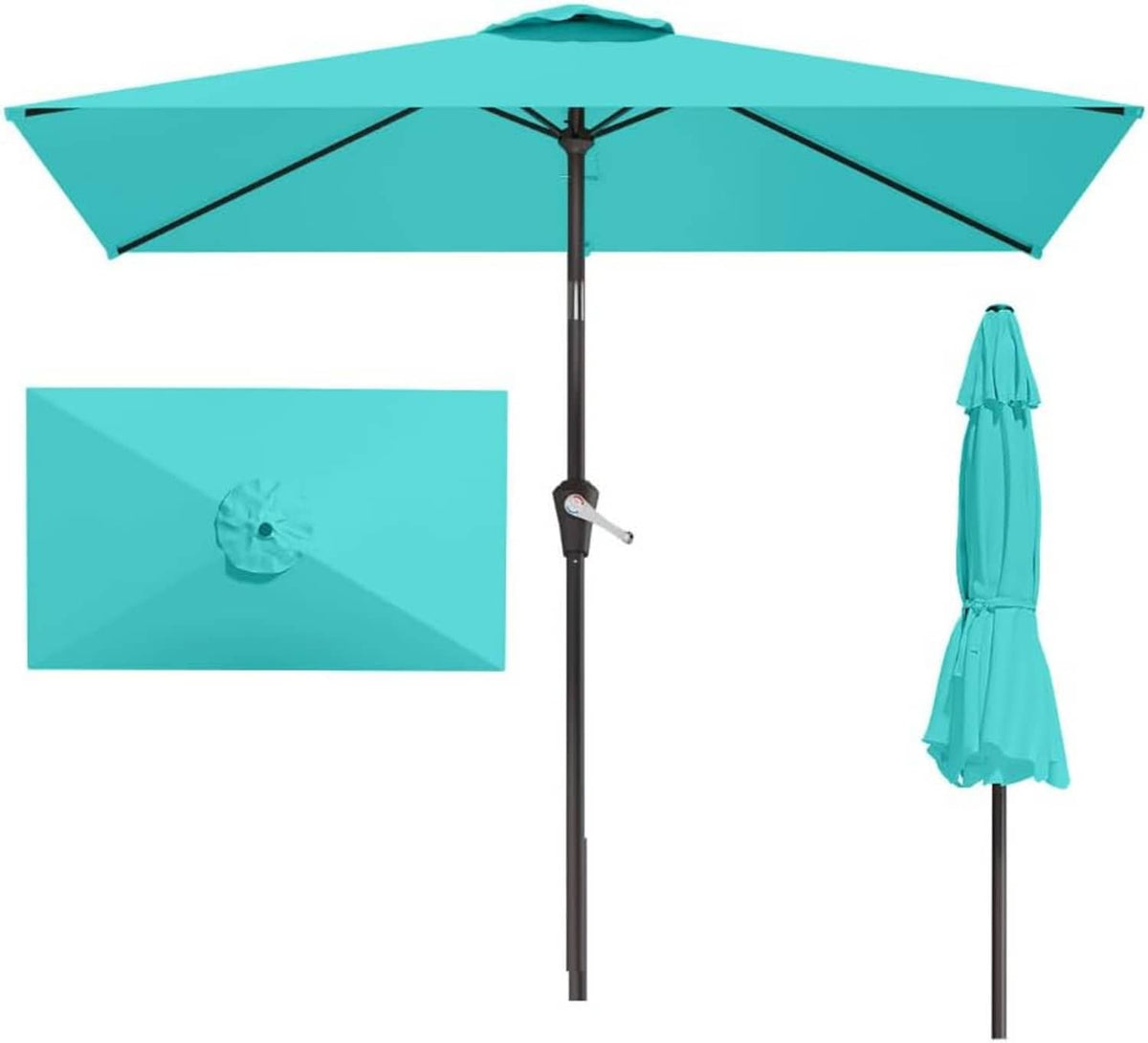 Teal rectangular patio umbrella with spread canopy, black ribs, and center pole