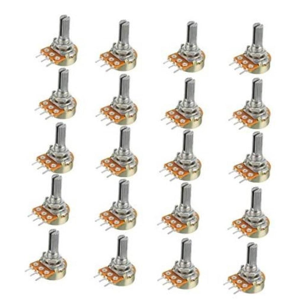 20-pack single-joint potentiometers with 15mm metal shaft and 3-pin PCB mounts