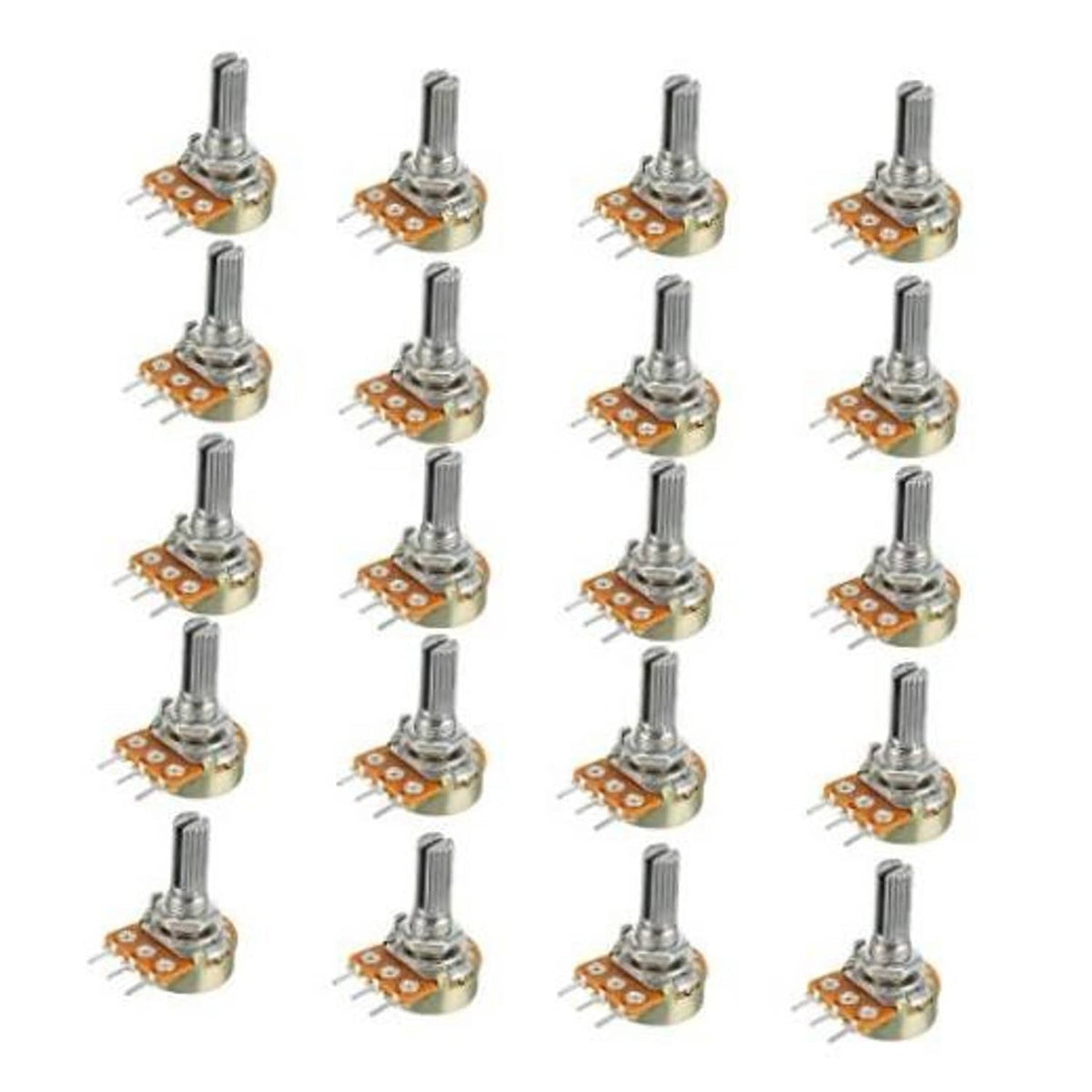 20-pack single-joint potentiometers with 15mm metal shaft and 3-pin PCB mounts