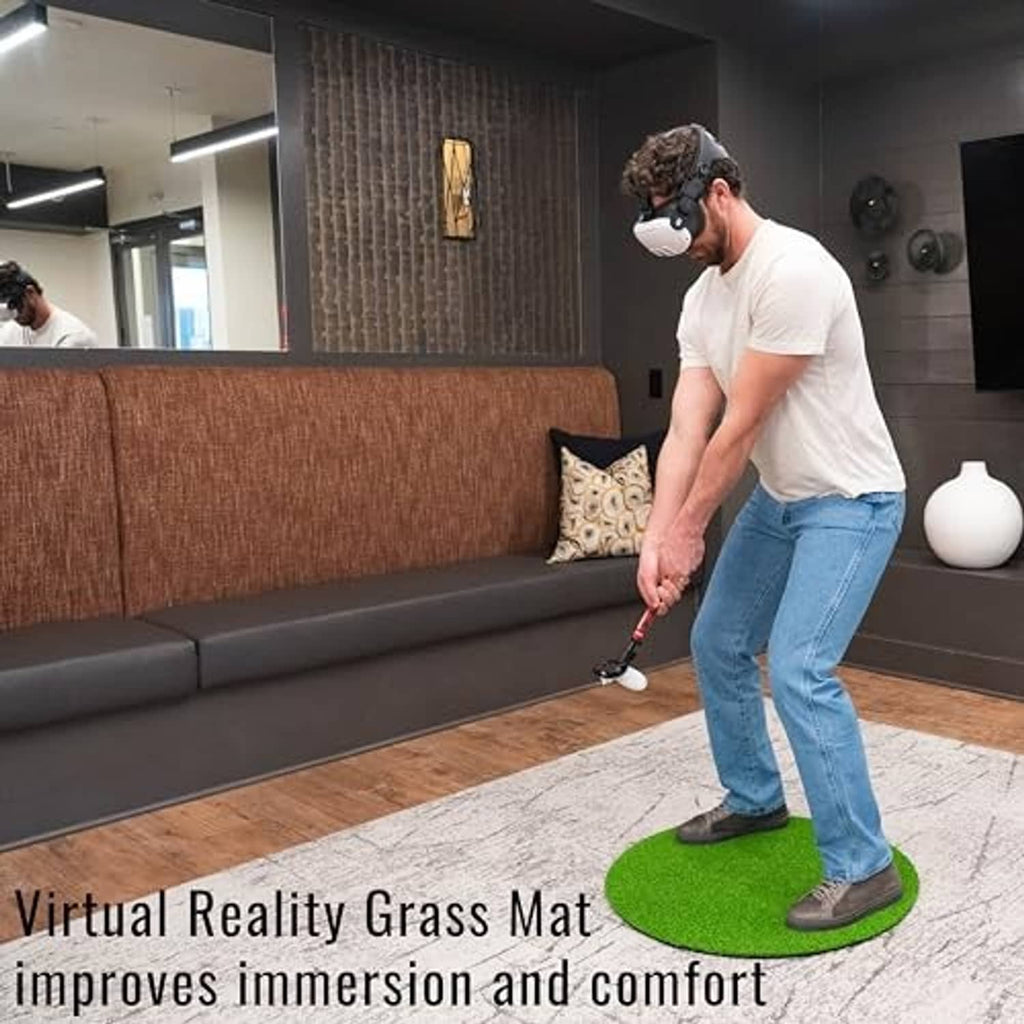 Circular green synthetic grass VR practice mat with foam base under a standing player