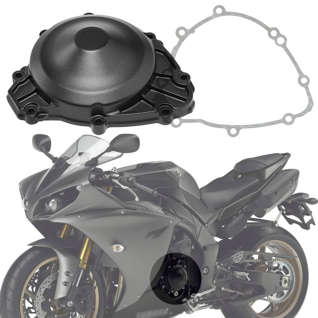 Left engine stator cover with round cap and attached gasket