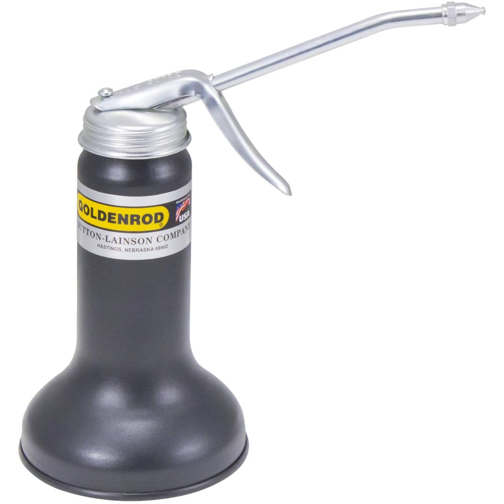 Pistol pump oiler with metal spout and black bottle, threaded pump top