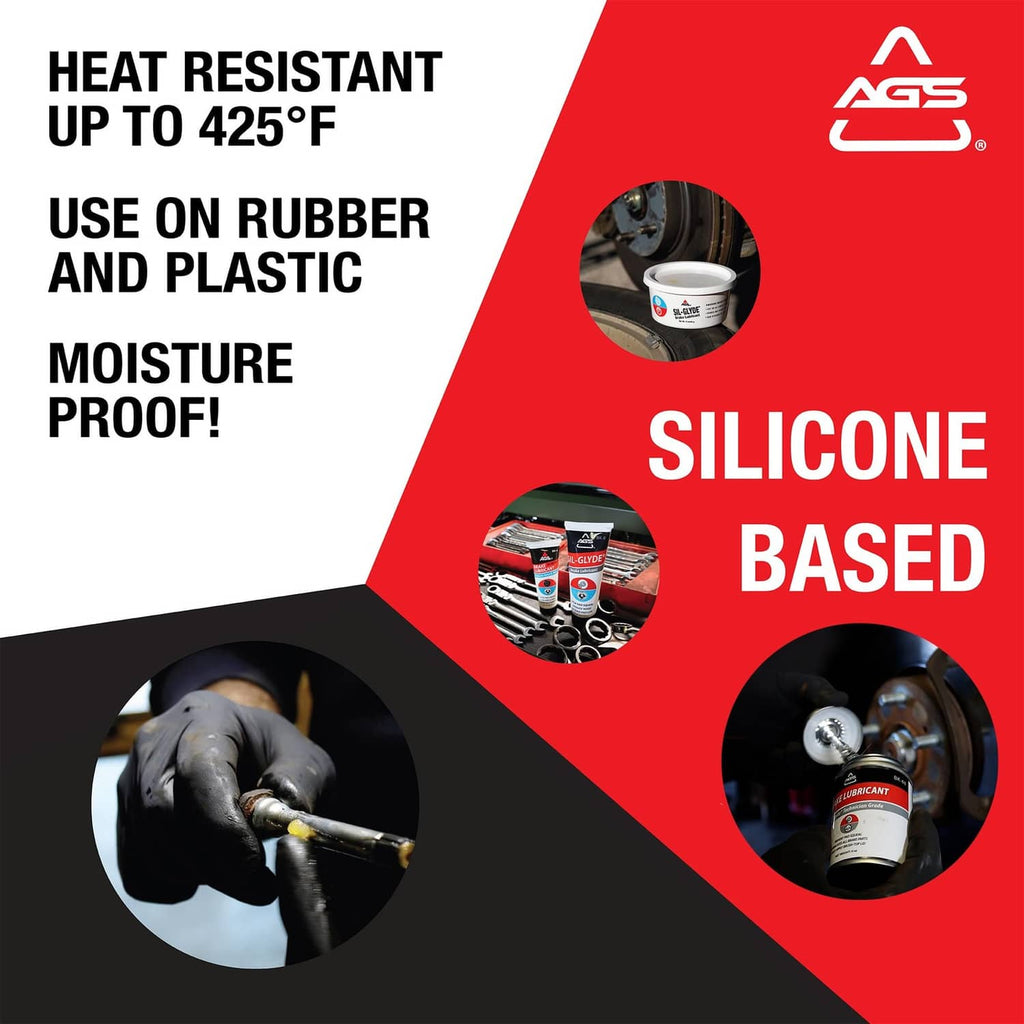 AGS SIL-Glyde silicone-based brake lubricant, promotional red-and-white design