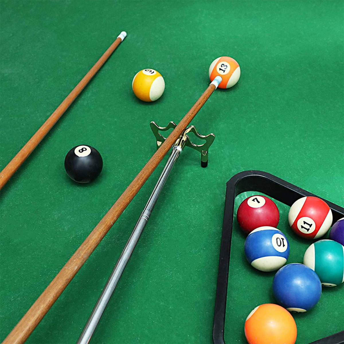 Retractable pool bridge stick with metal shaft and curved fork head