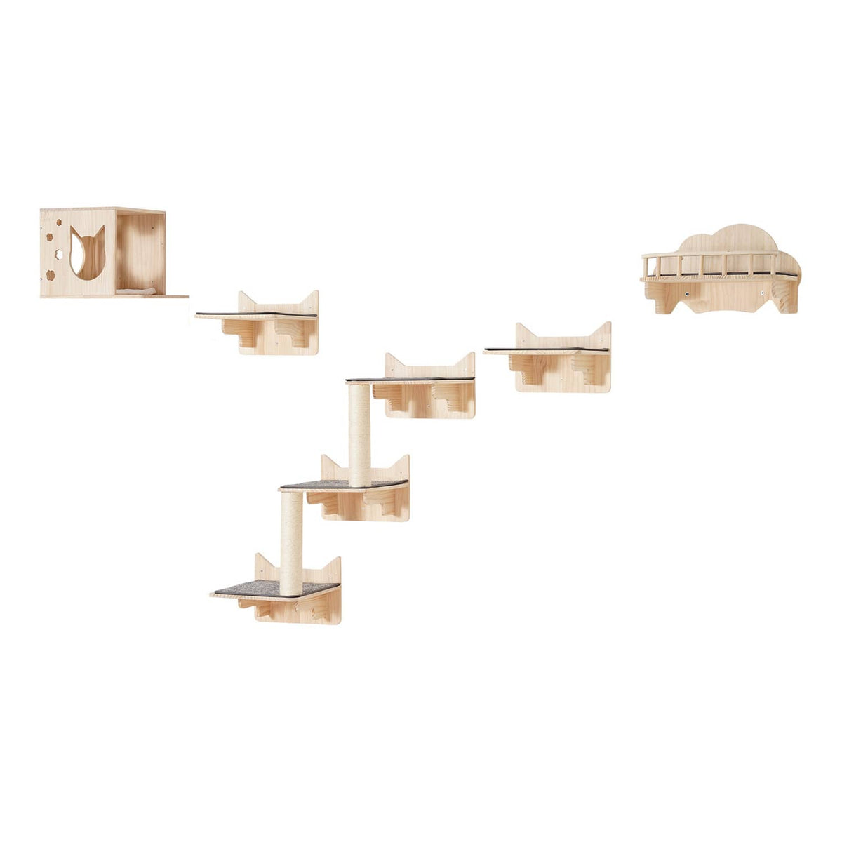 Wall-mounted cat shelf set showing multiple natural wood platforms and a top enclosed perch