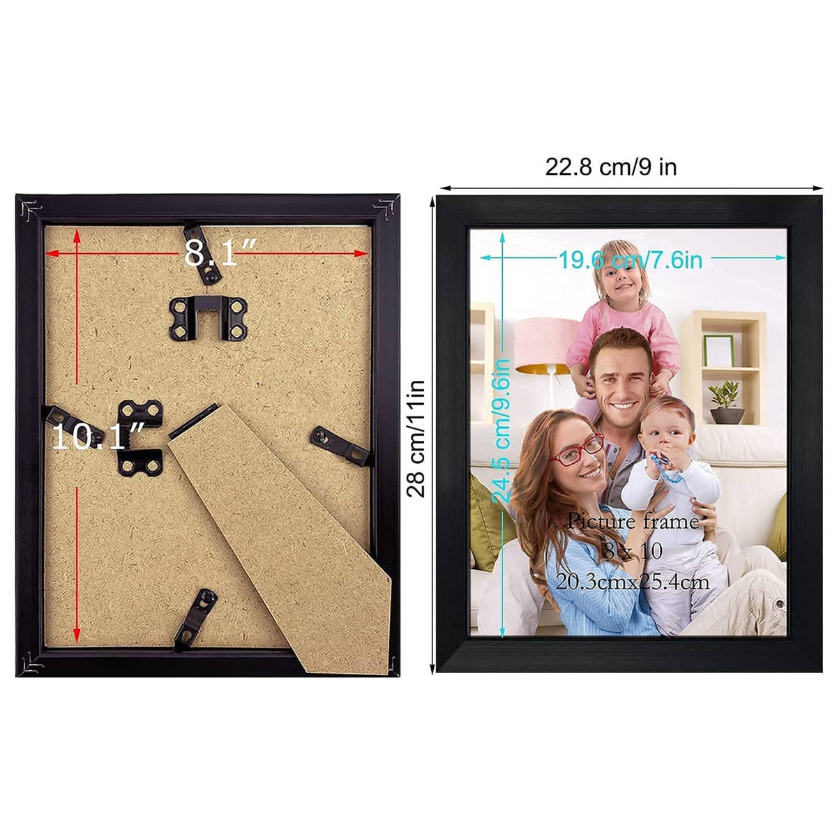 Black 8x10 photo frame back with mounting clips and size markings