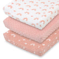 Pink minky changing pad cover with rainbow and cloud print, scalloped edge