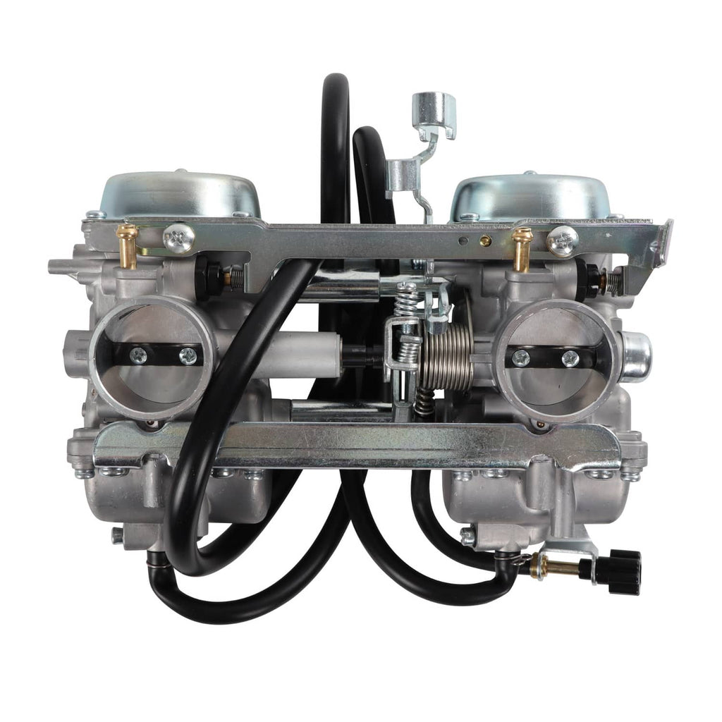Carburetor assembly front view with two intake bores, black hoses, metal frame