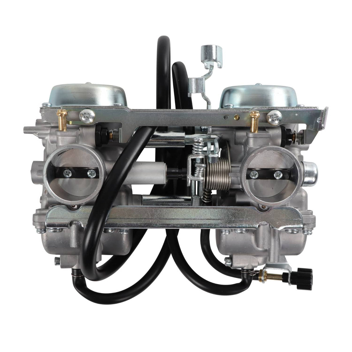 Carburetor assembly front view with two intake bores, black hoses, metal frame