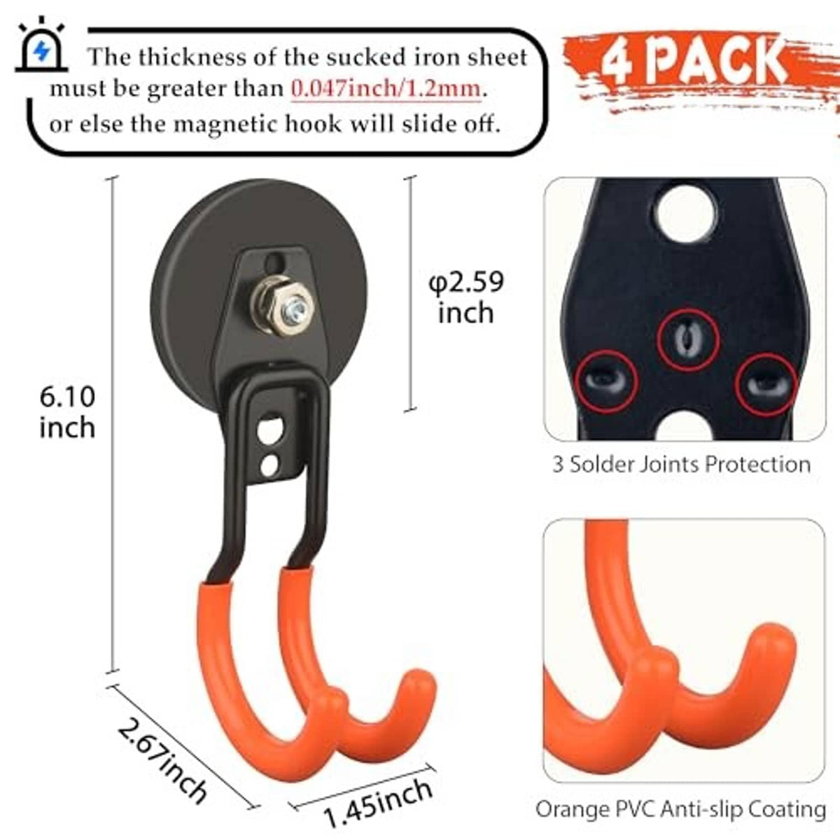 Orange U-shaped magnetic hook with black mount and visible screw hardware