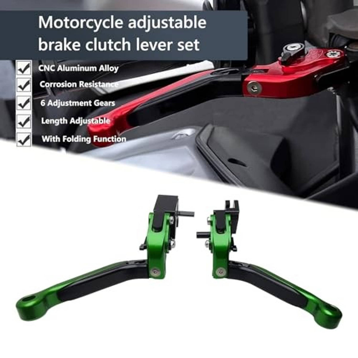 Adjustable brake clutch lever set with green levers and black pivot brackets