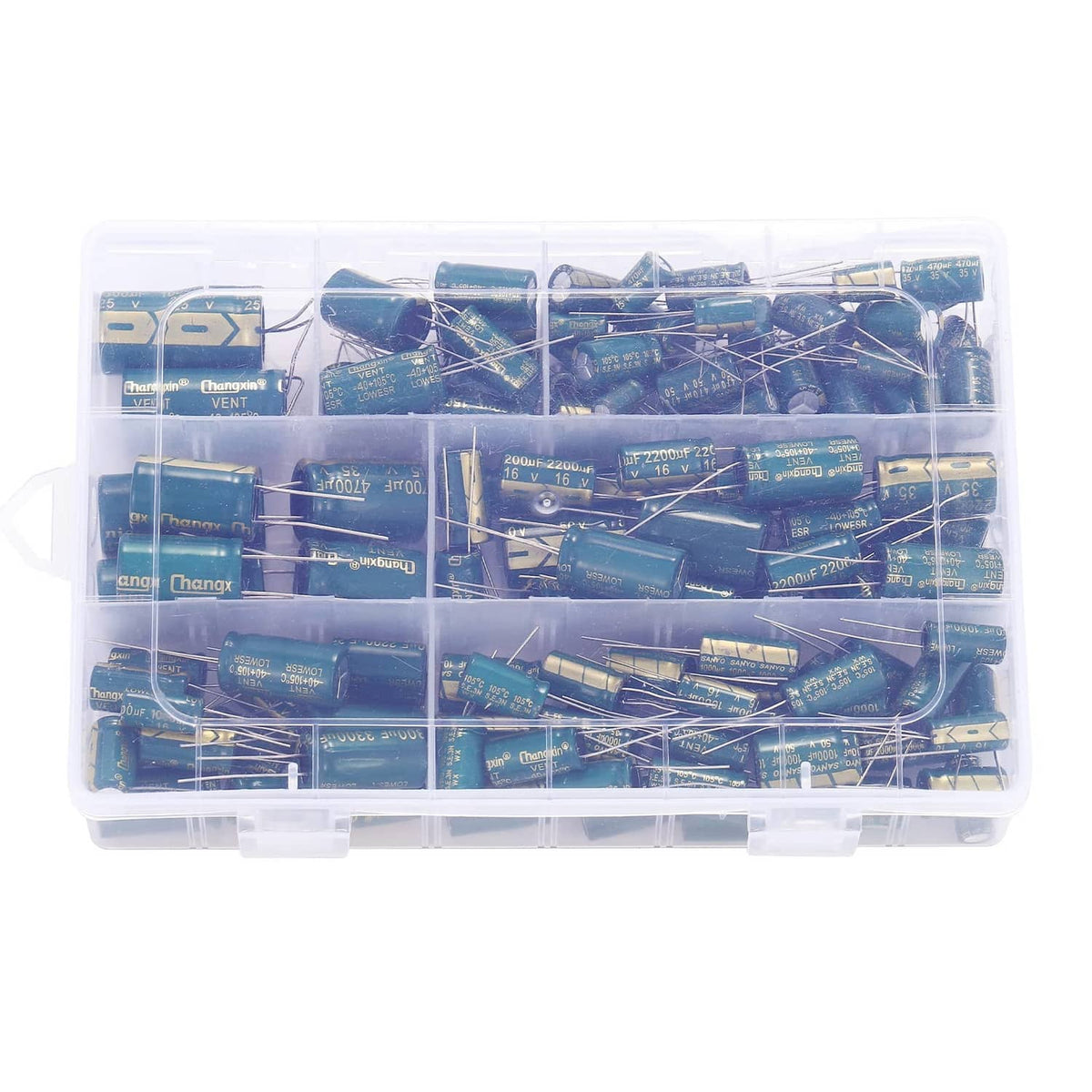 Aluminum electrolytic capacitor assortment in clear plastic box, green can capacitors