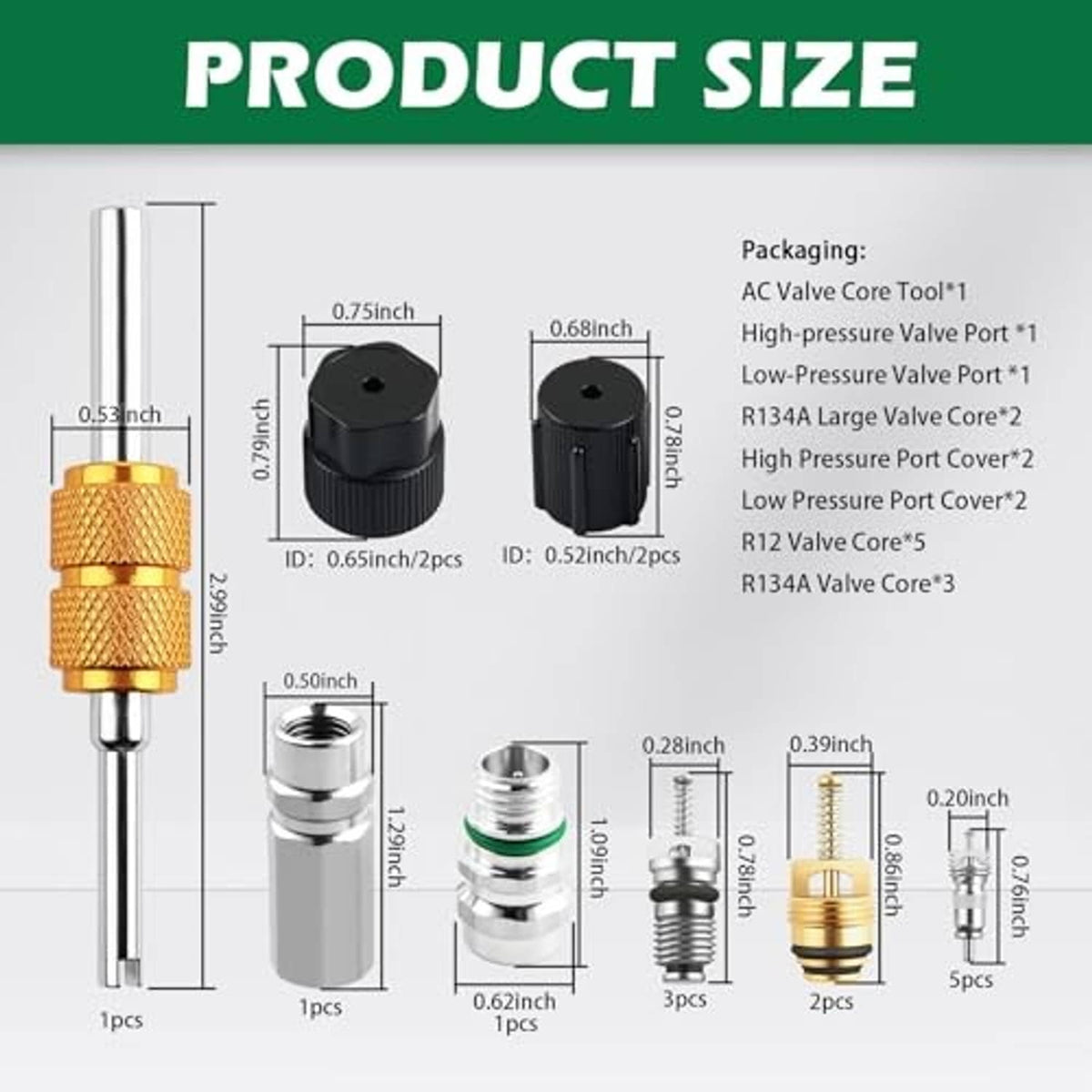 Car AC valve core kit size diagram with gold valve cover and threaded valve cores