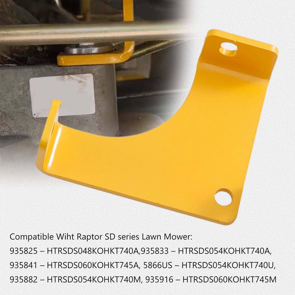 Yellow C-shaped transmission bracket with mounting holes on mower structure