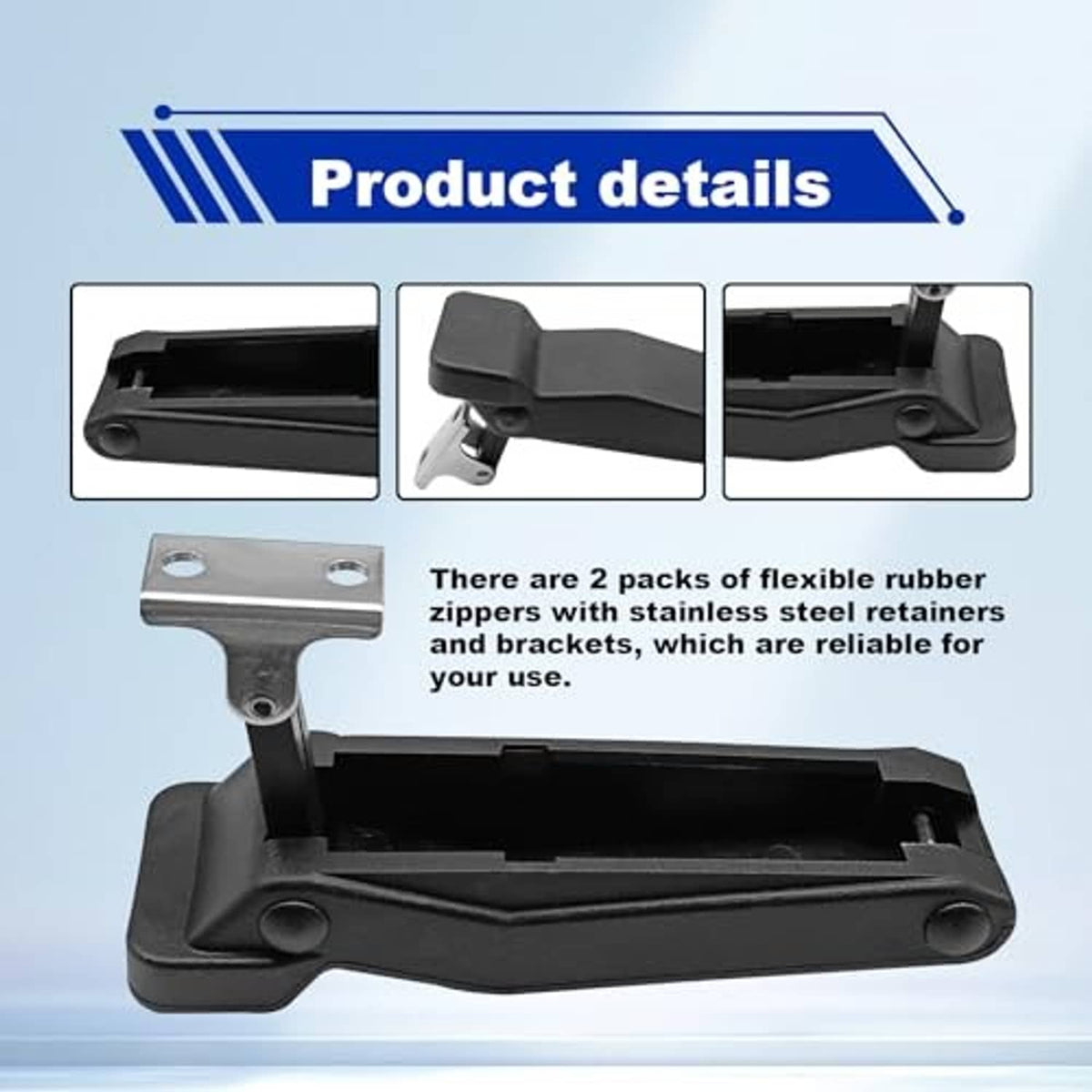 Black storage rack latch with exposed toggle clasp and stainless steel retainer