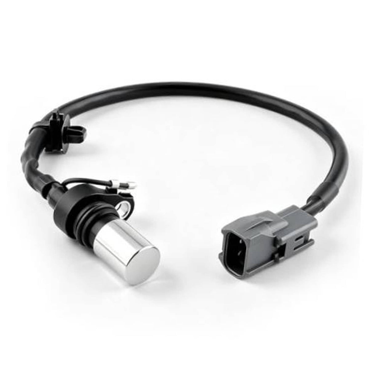 Crankshaft position sensor with wiring harness, black connector, and metal sensor tip