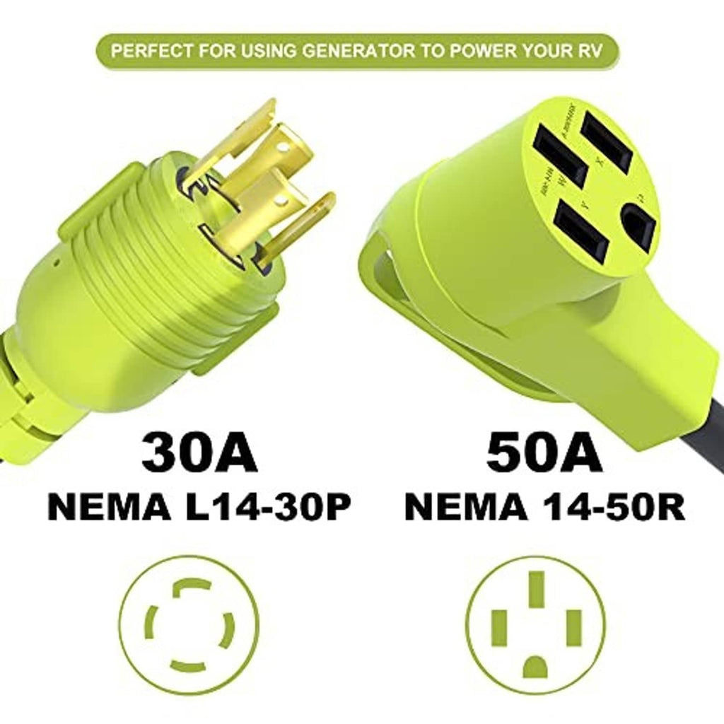 Green adapter cord showing 30A NEMA L14-30P plug and 50A NEMA 14-50R outlet