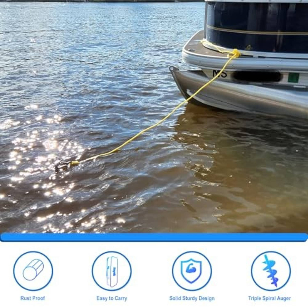 Anchoring rope attached to boat hull, sand anchor system for holding in water