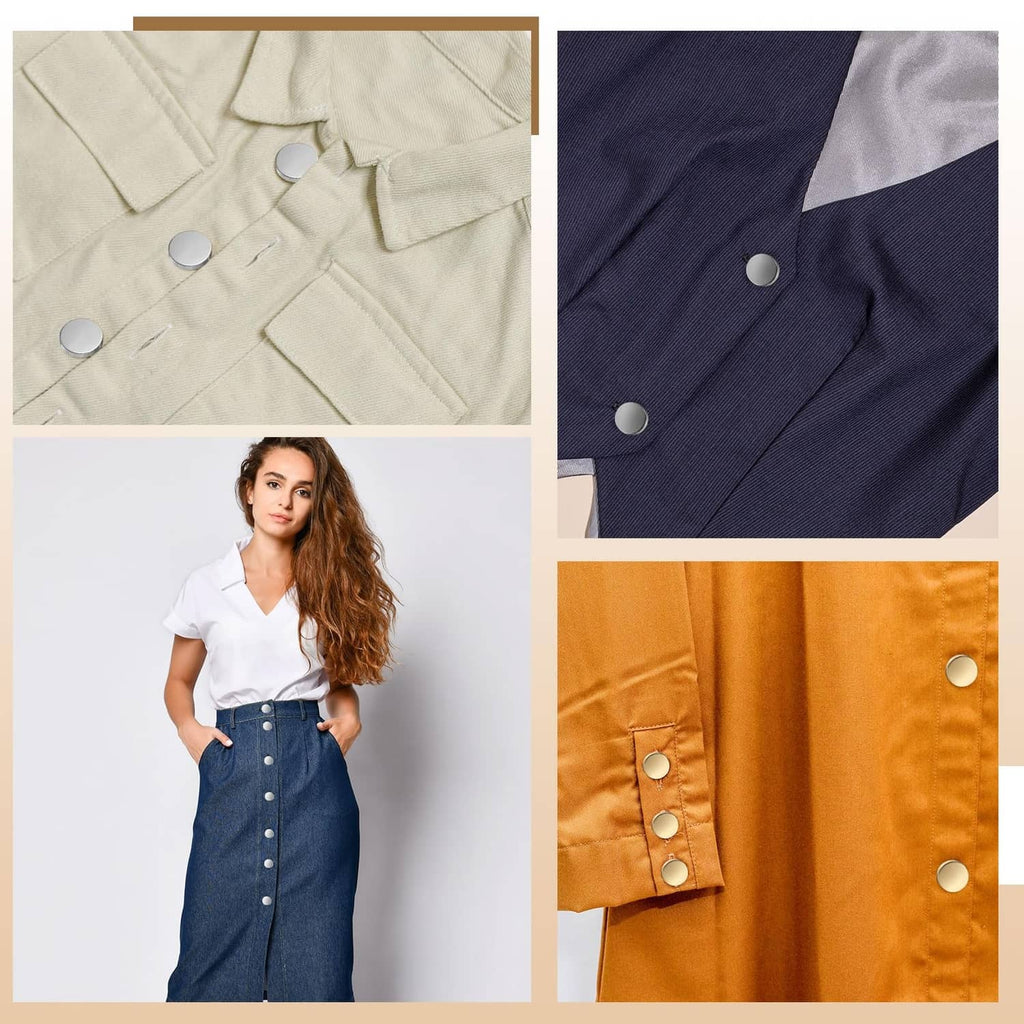 Matte silver round buttons on light beige, navy, and orange shirts