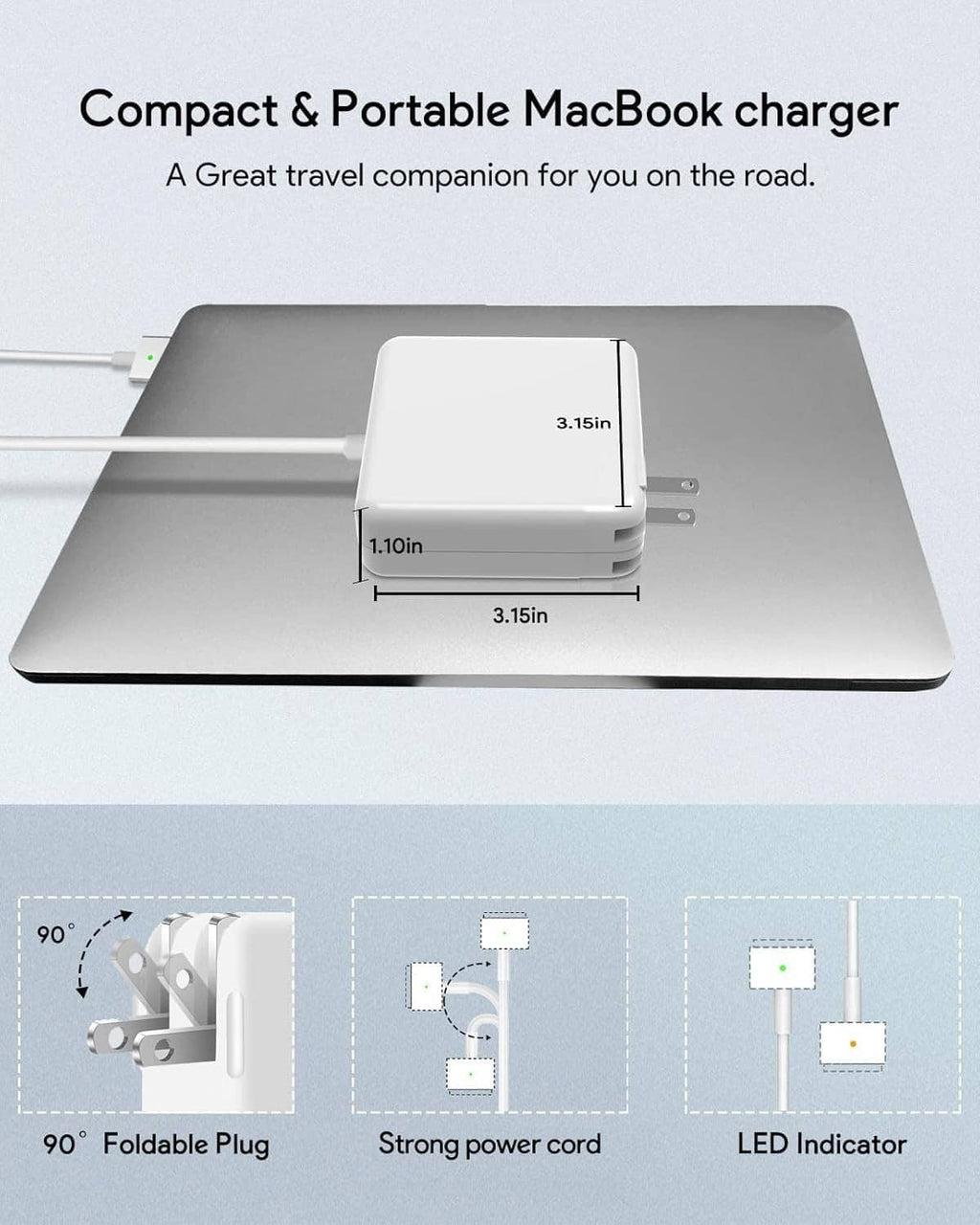 Compact white MacBook charger with foldable plug and built-in LED indicator