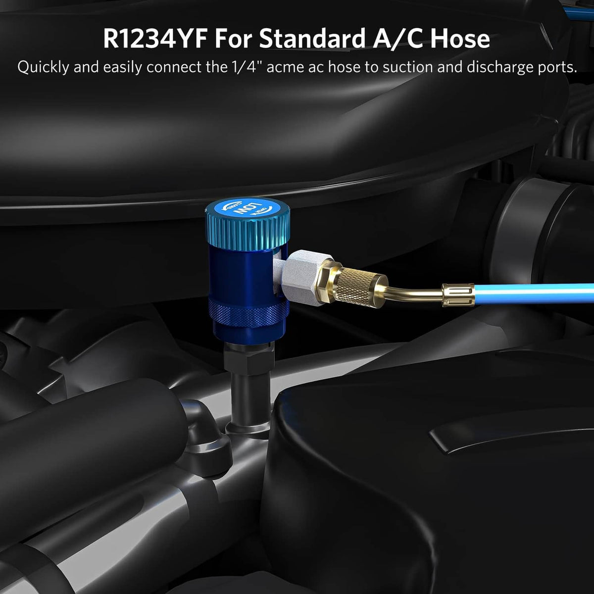 Blue quick coupler adapter connected to a black A/C hose with brass fitting