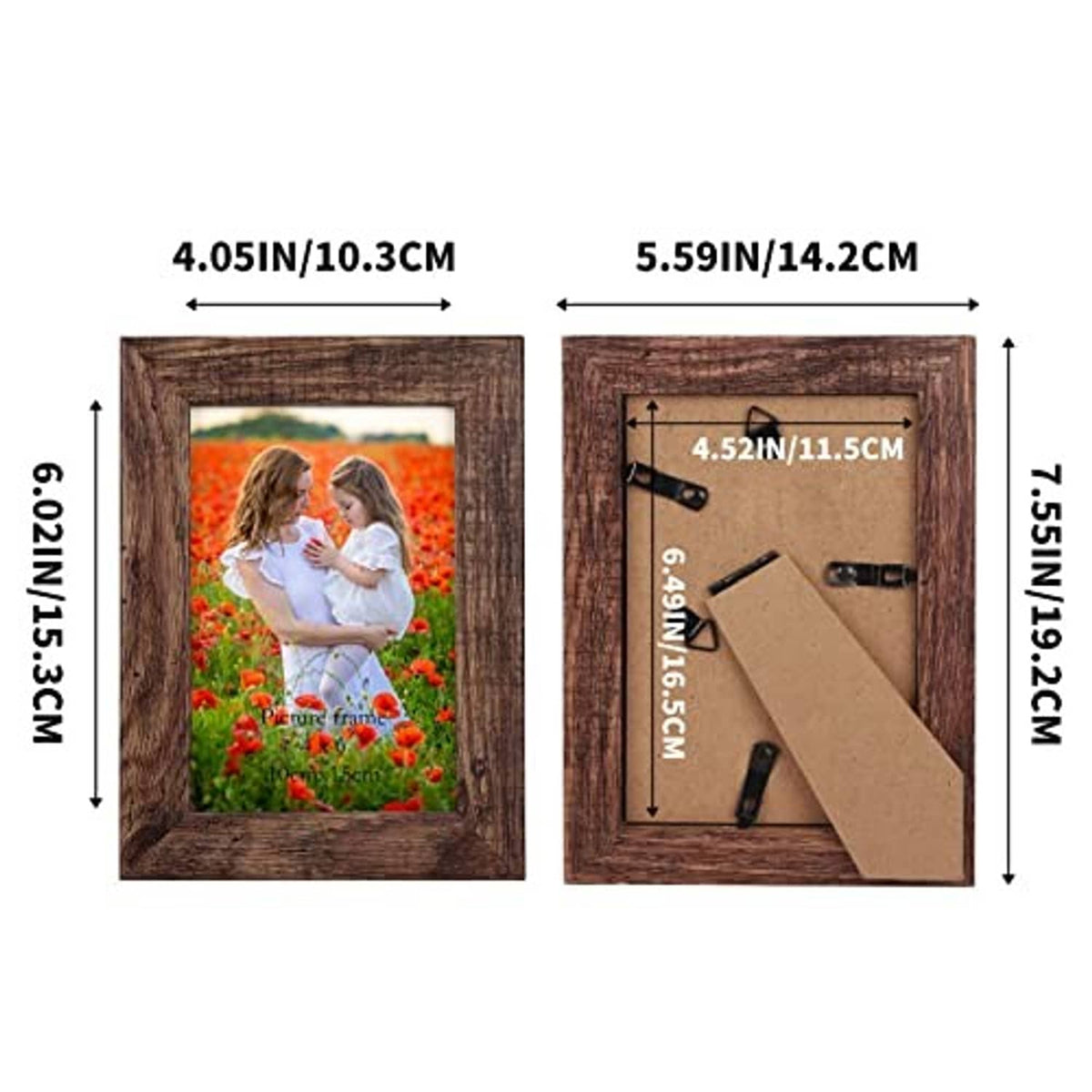 Rustic brown 5x7 picture frame with overall size measurements shown on a layout
