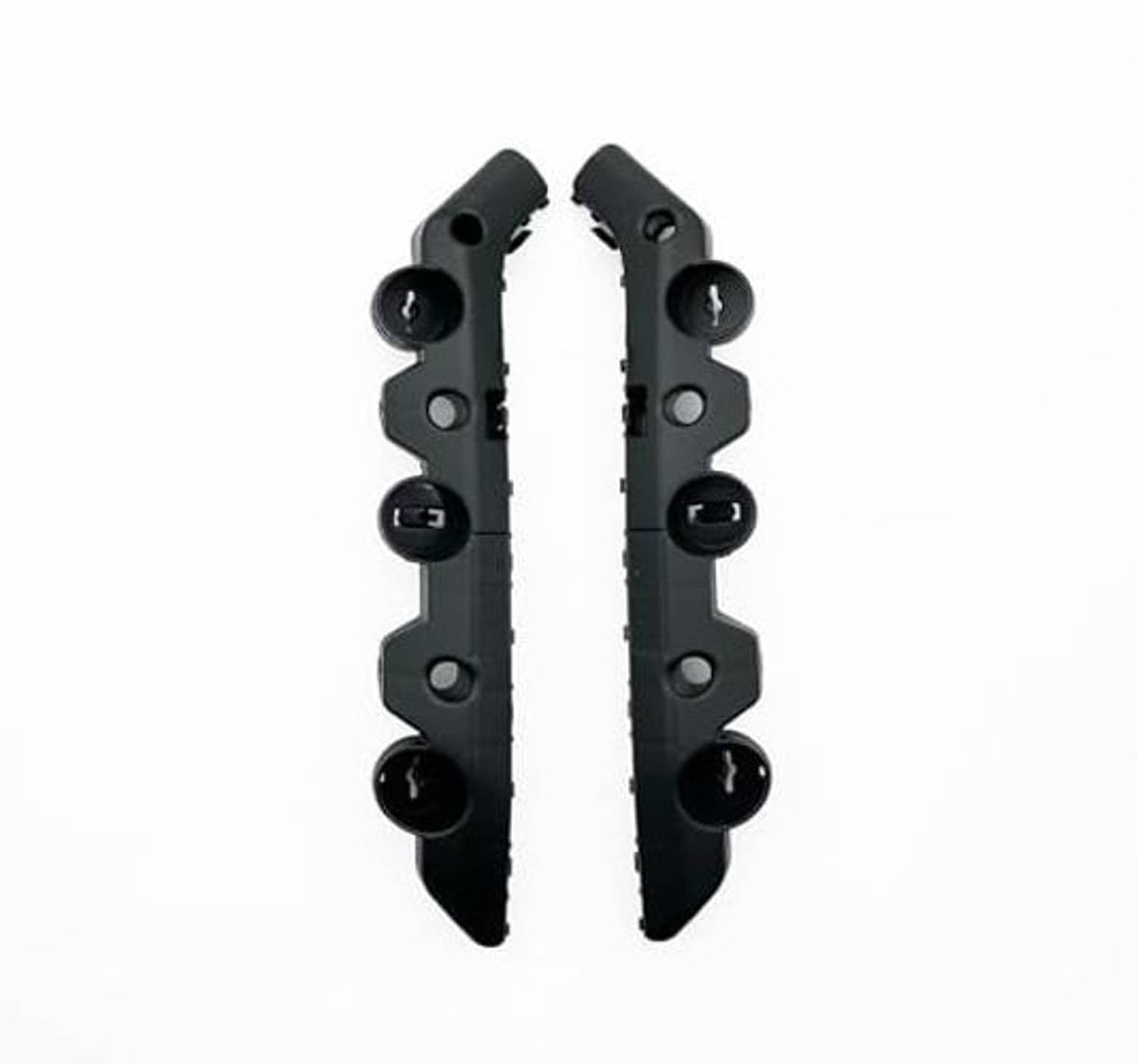 Front bumper support bracket retainers pair, black plastic brackets with end tabs