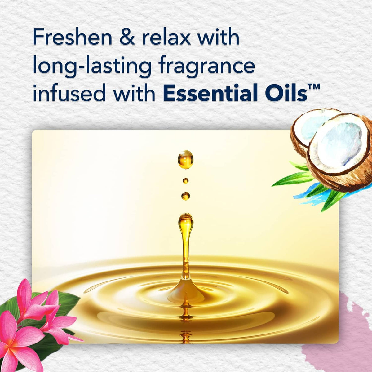 Scented oil refill with gold drop graphic and 'essential oils' label