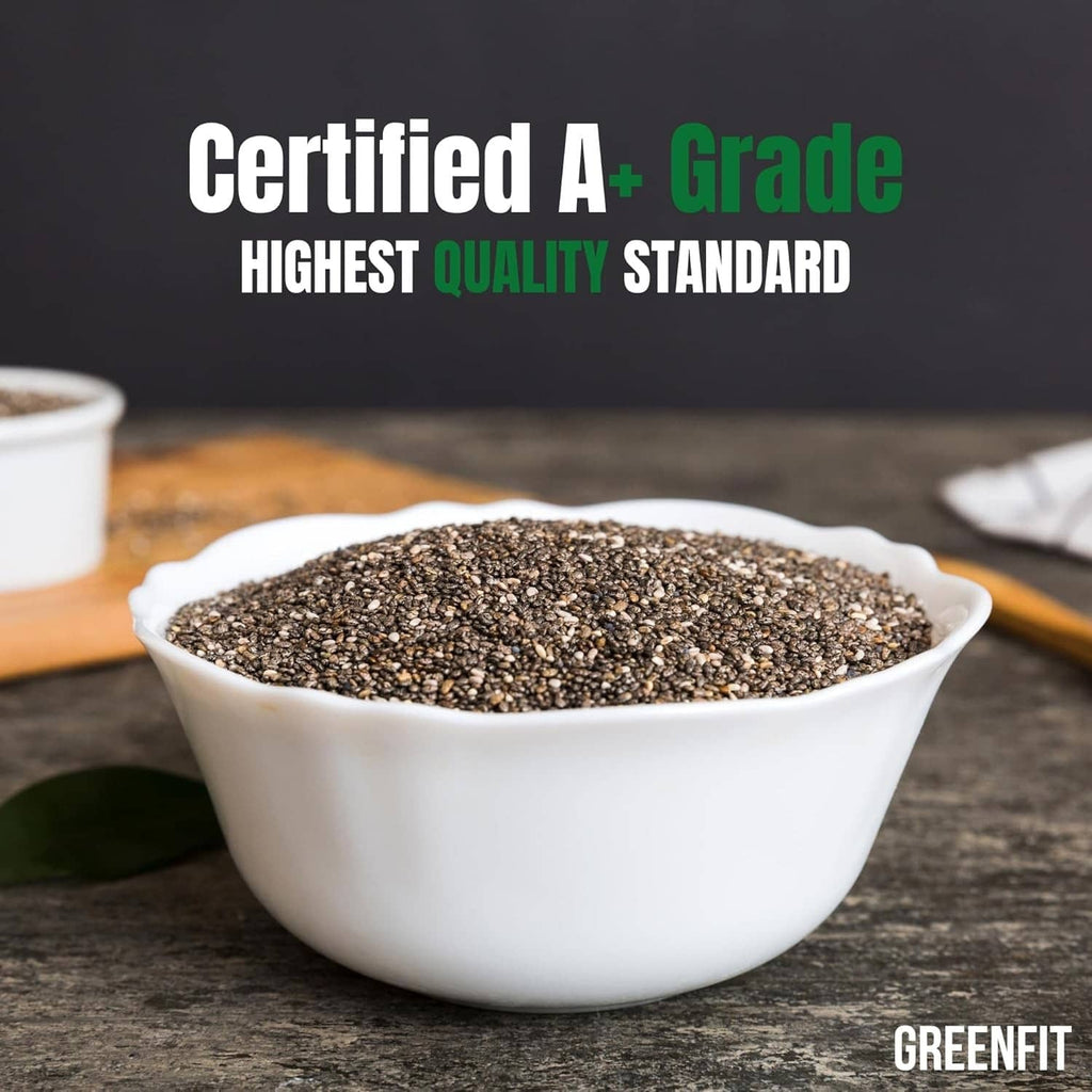 Bowl of chia seeds, small dark speckled seeds filling a white ceramic dish