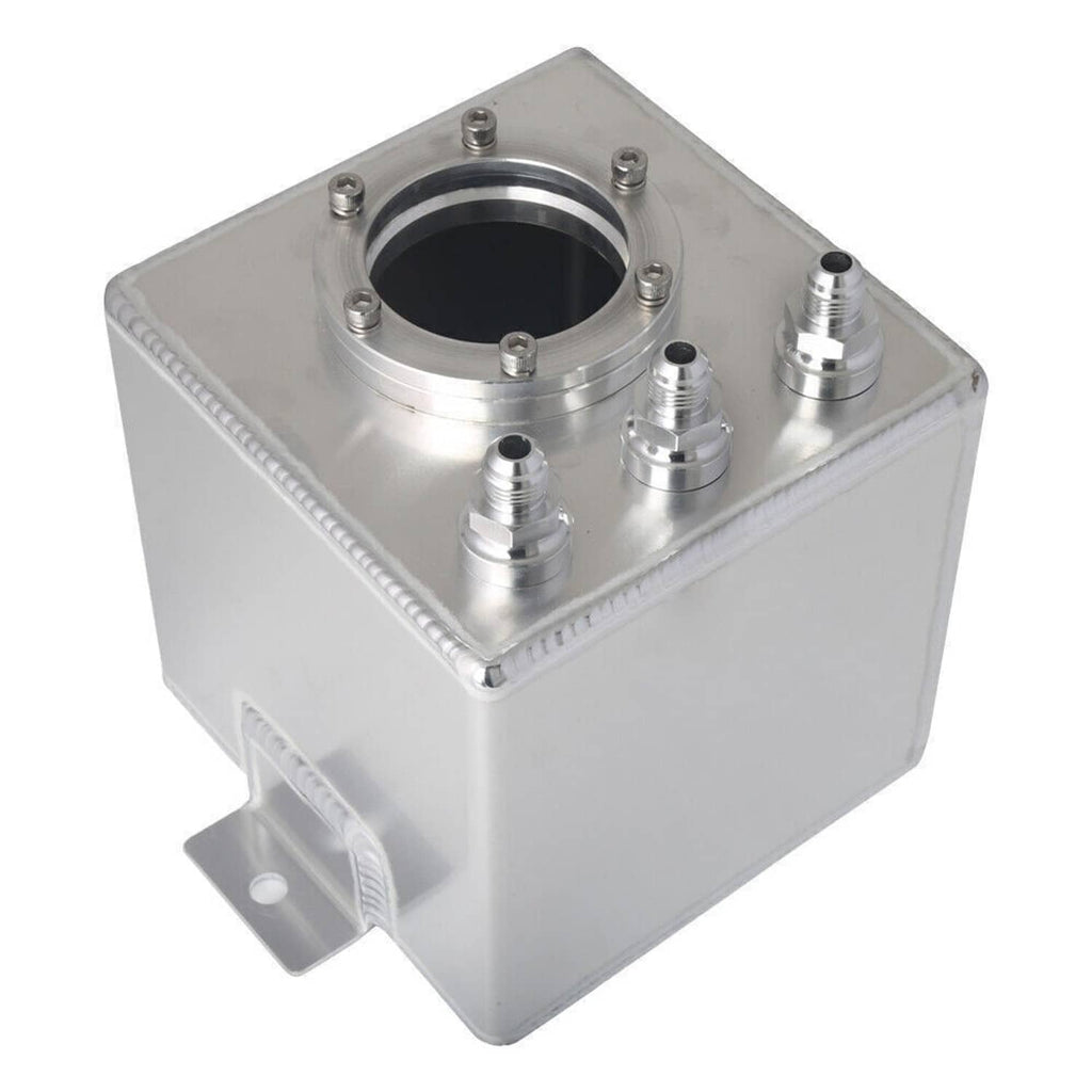 Aluminum fuel surge tank top view with round inlet and three AN fittings, silver