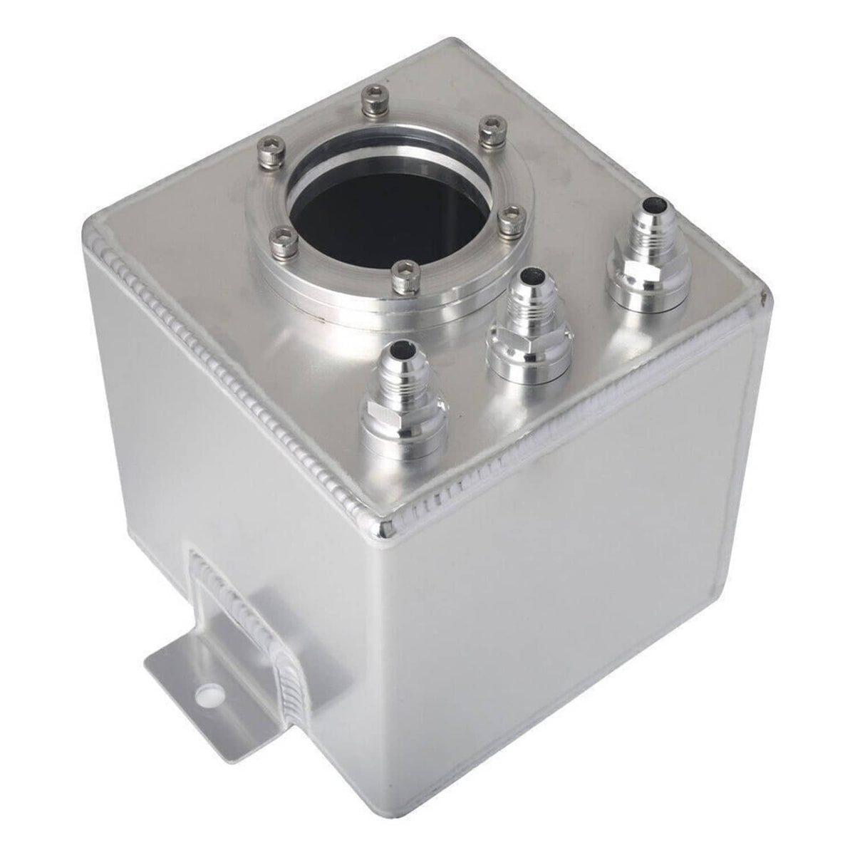 Aluminum fuel surge tank top view with round inlet and three AN fittings, silver