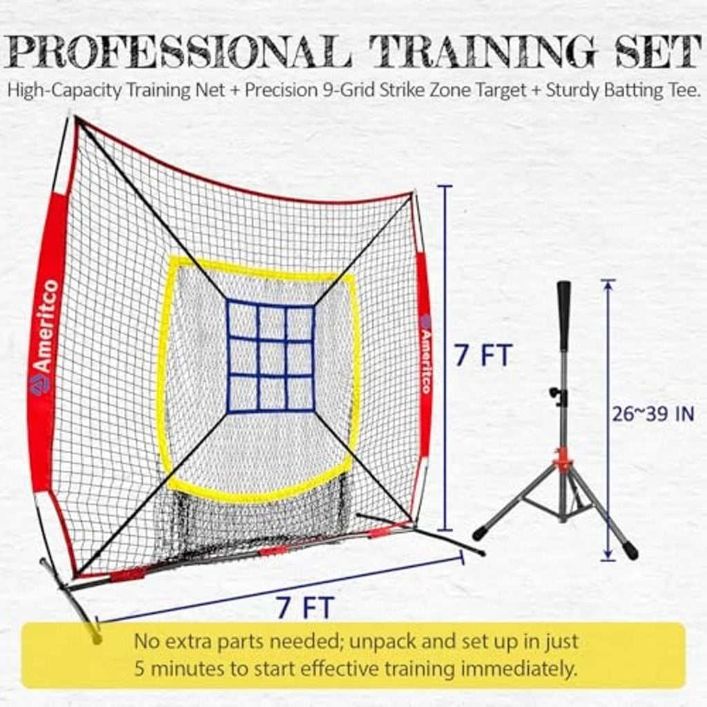 Baseball training set net with red frame and blue grid strike zone, tee and stand