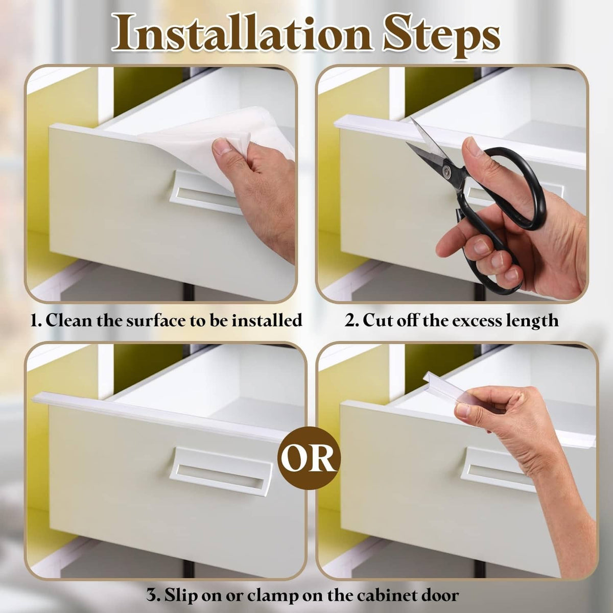 White cabinet door protector strip trimmed and clamped onto a cabinet edge