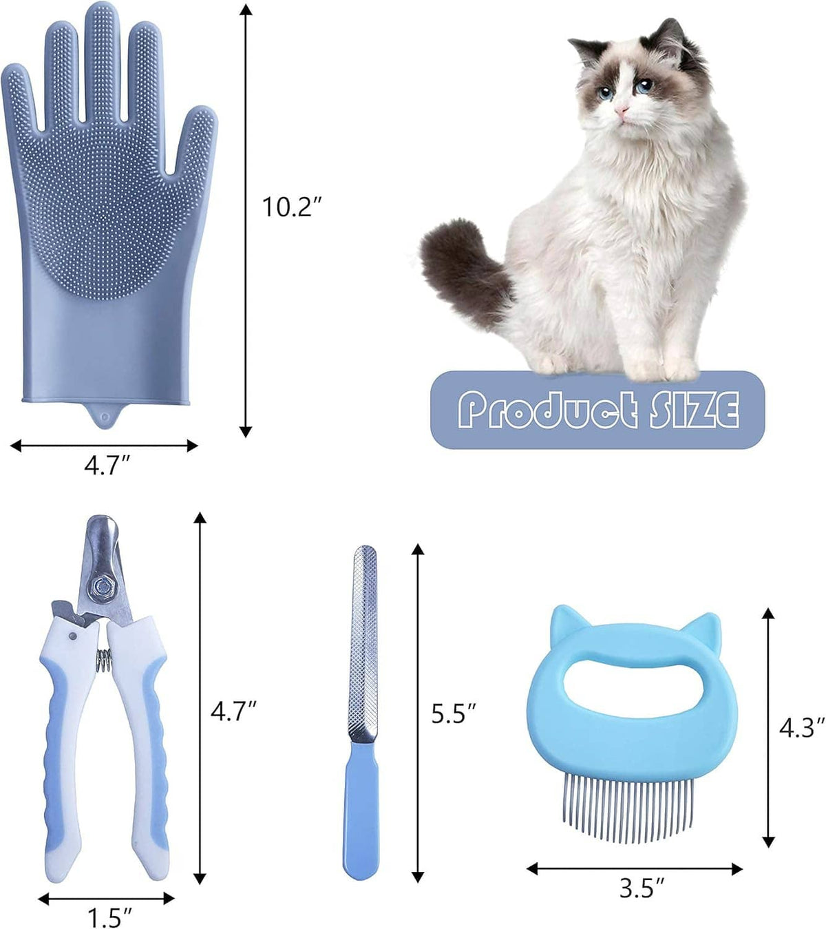 Cat grooming set: blue anti-scratch paw gloves, nail clippers, comb, and brush
