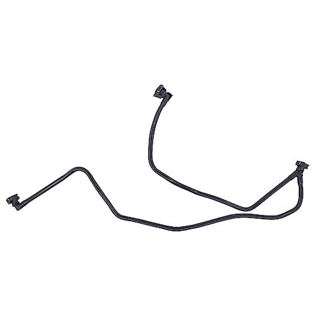 Black coolant overflow hose with multiple hose clamps and mounting tabs.