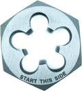 Hex external threading die with five-lobe cutouts; 'START THIS SIDE' marking