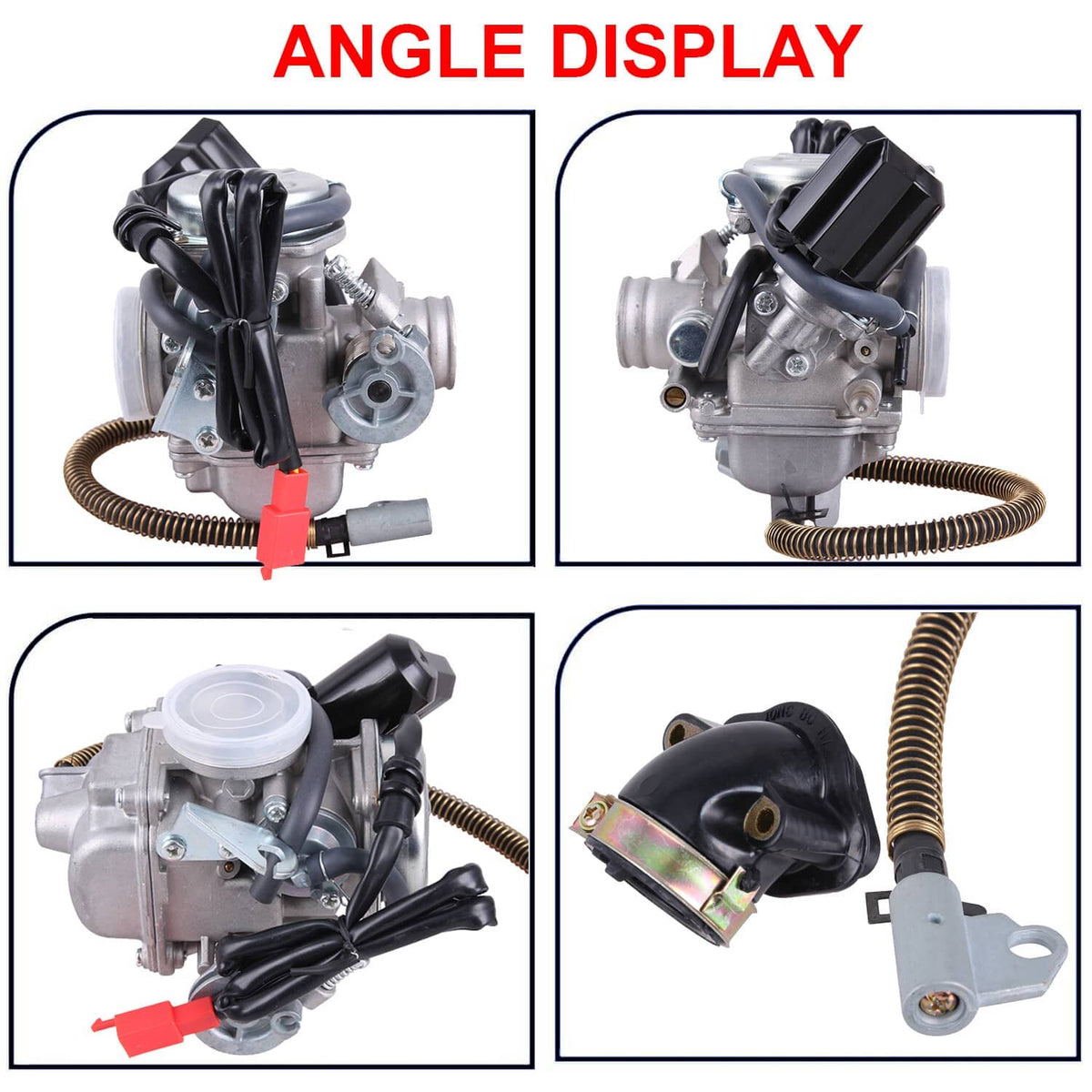Carburetor assembly collage showing multiple angles and close-up parts