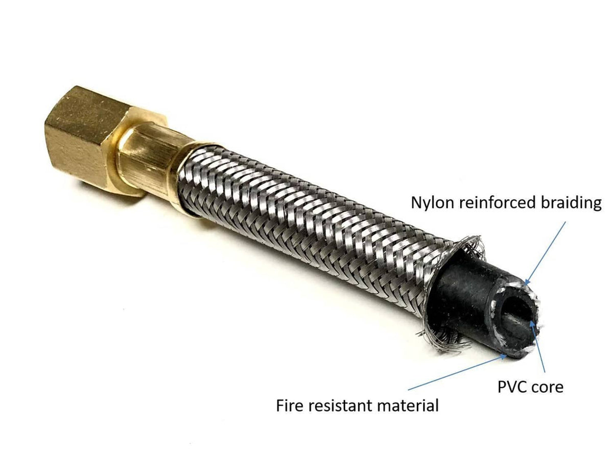 Stainless steel braided propane hose with brass fitting and black PVC core