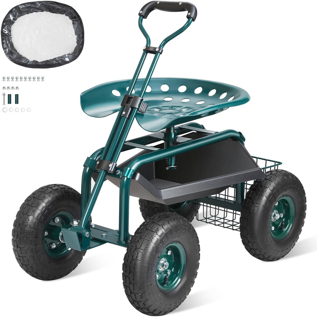 Green rolling garden cart with seat, extendable steer handle, and four thick wheels
