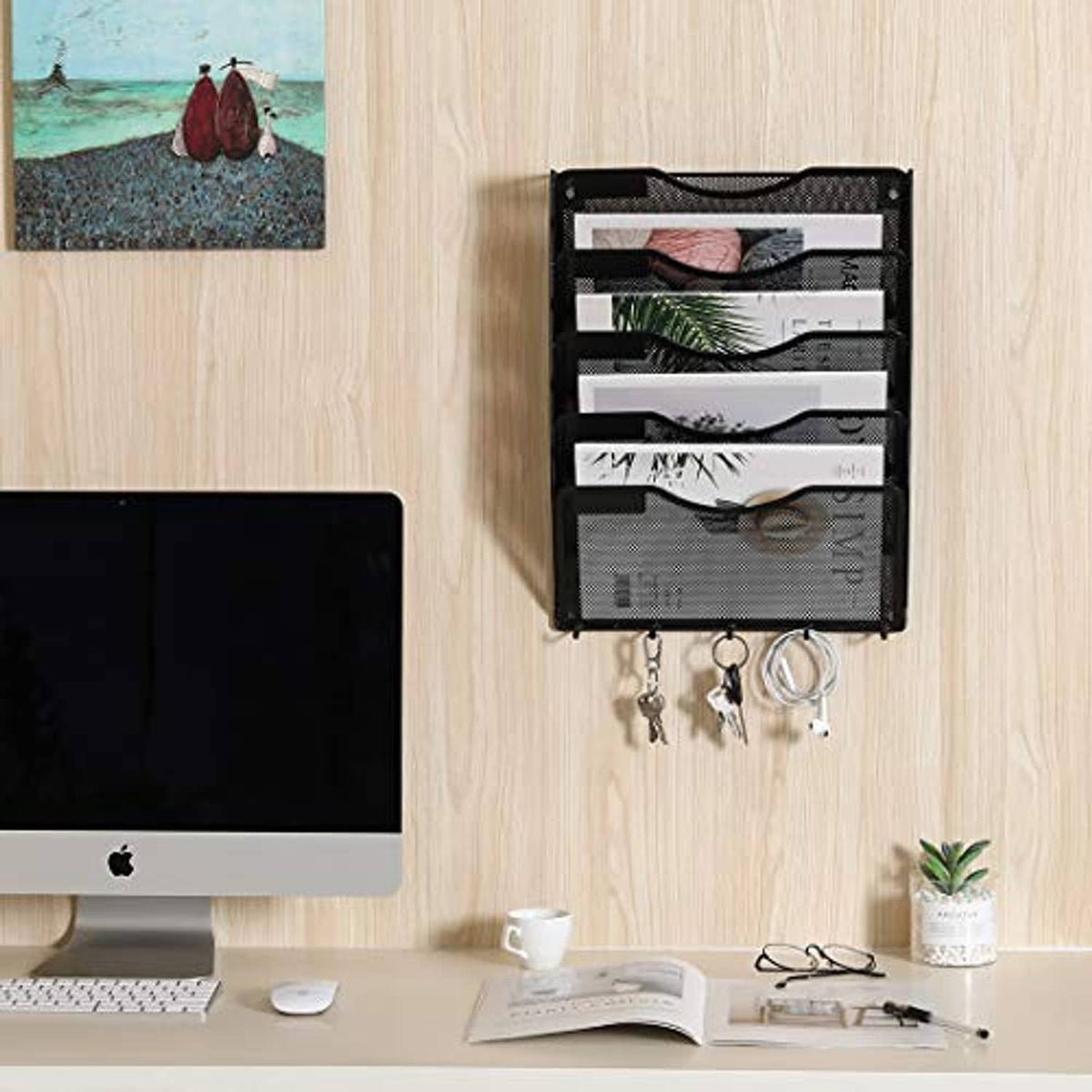Wall-mounted black mesh 5-pocket file organizer with key hooks and hanging keys