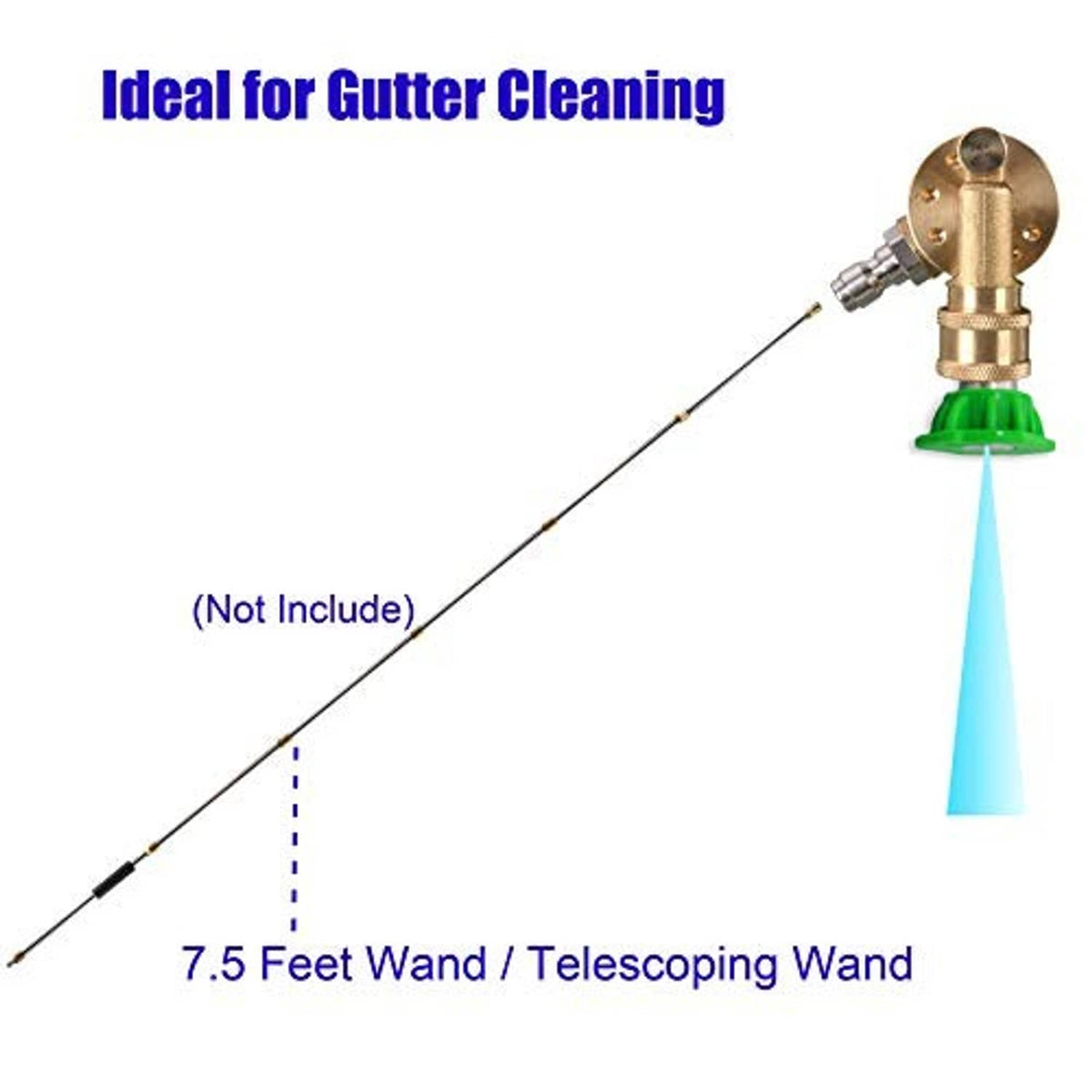 Pivoting coupler on gutter-cleaning nozzle attachment with extended wand and spray tip