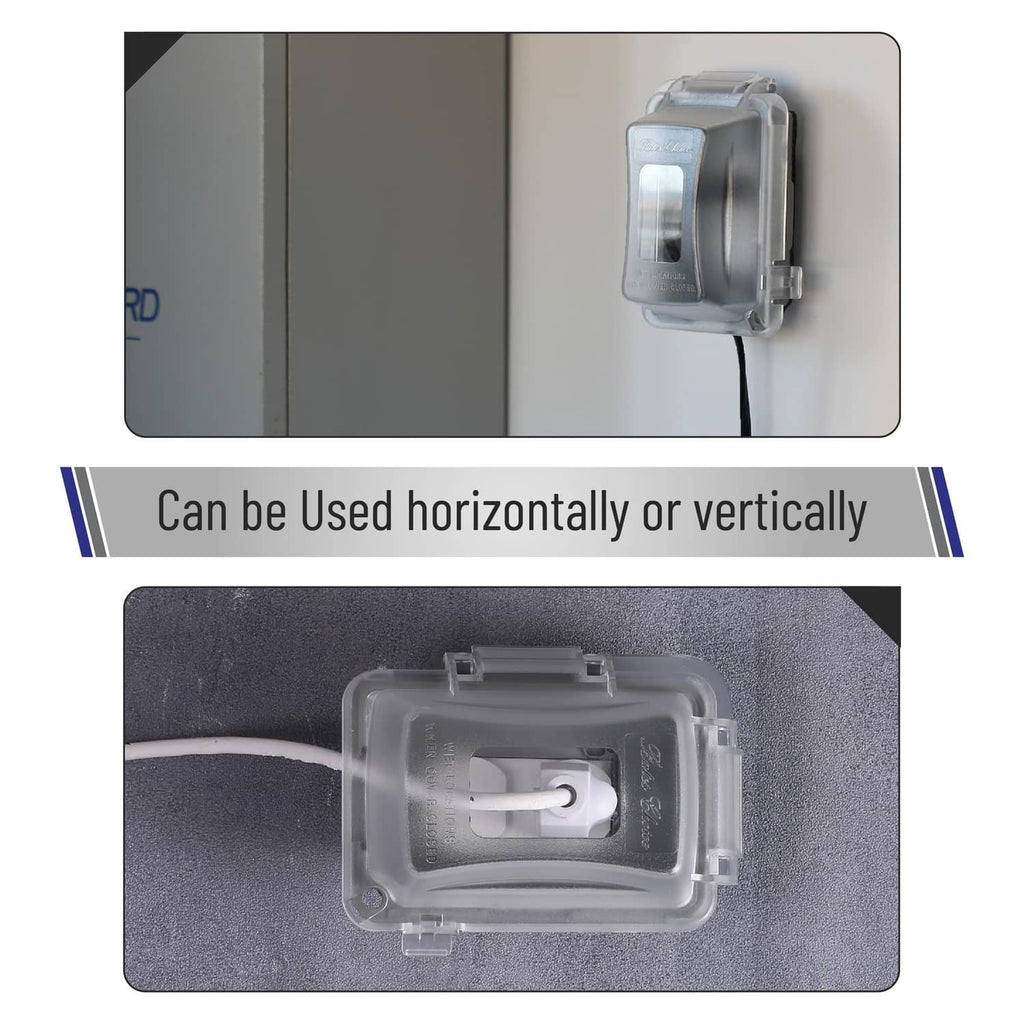 Clear outdoor outlet cover that mounts horizontally or vertically over an electrical receptacle