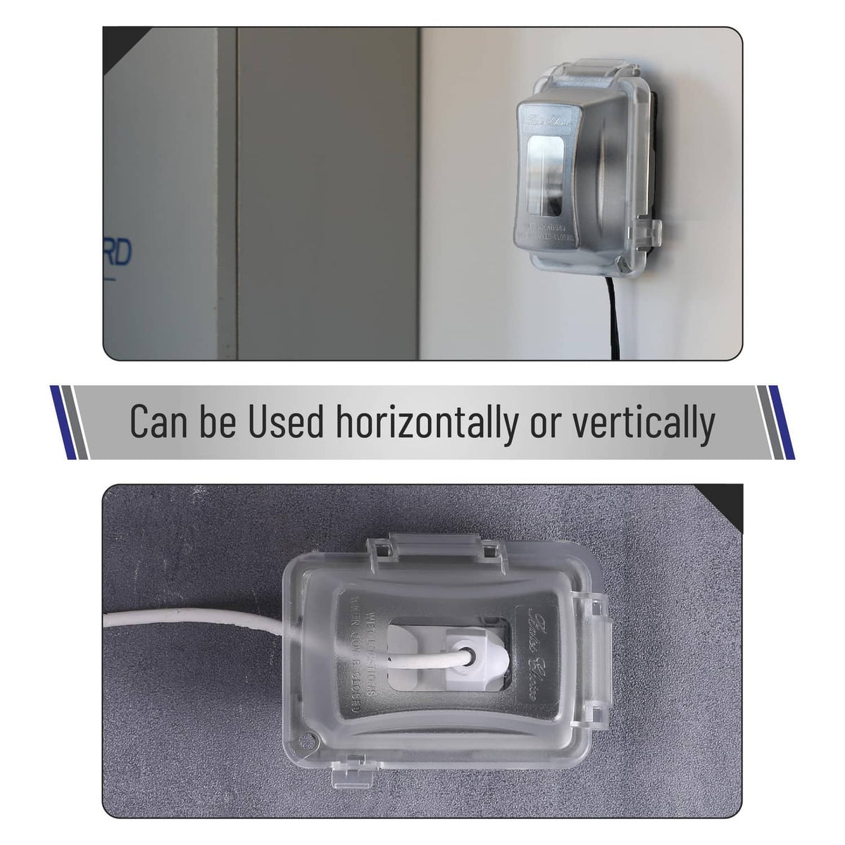 Clear outdoor outlet cover that mounts horizontally or vertically over an electrical receptacle
