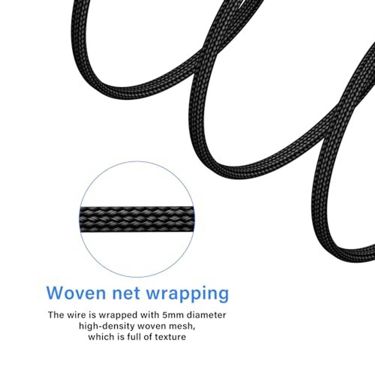 Braided net-wrapped USB fan cable with textured black wire jacket