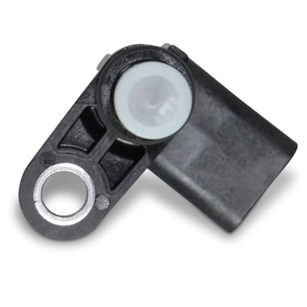 Black camshaft position sensor with circular sensor face and metal mounting ring