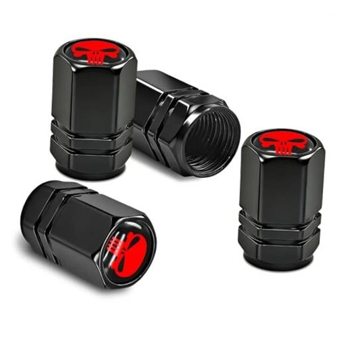 Set of 4 metal tire valve stem caps, black with red skull emblem.