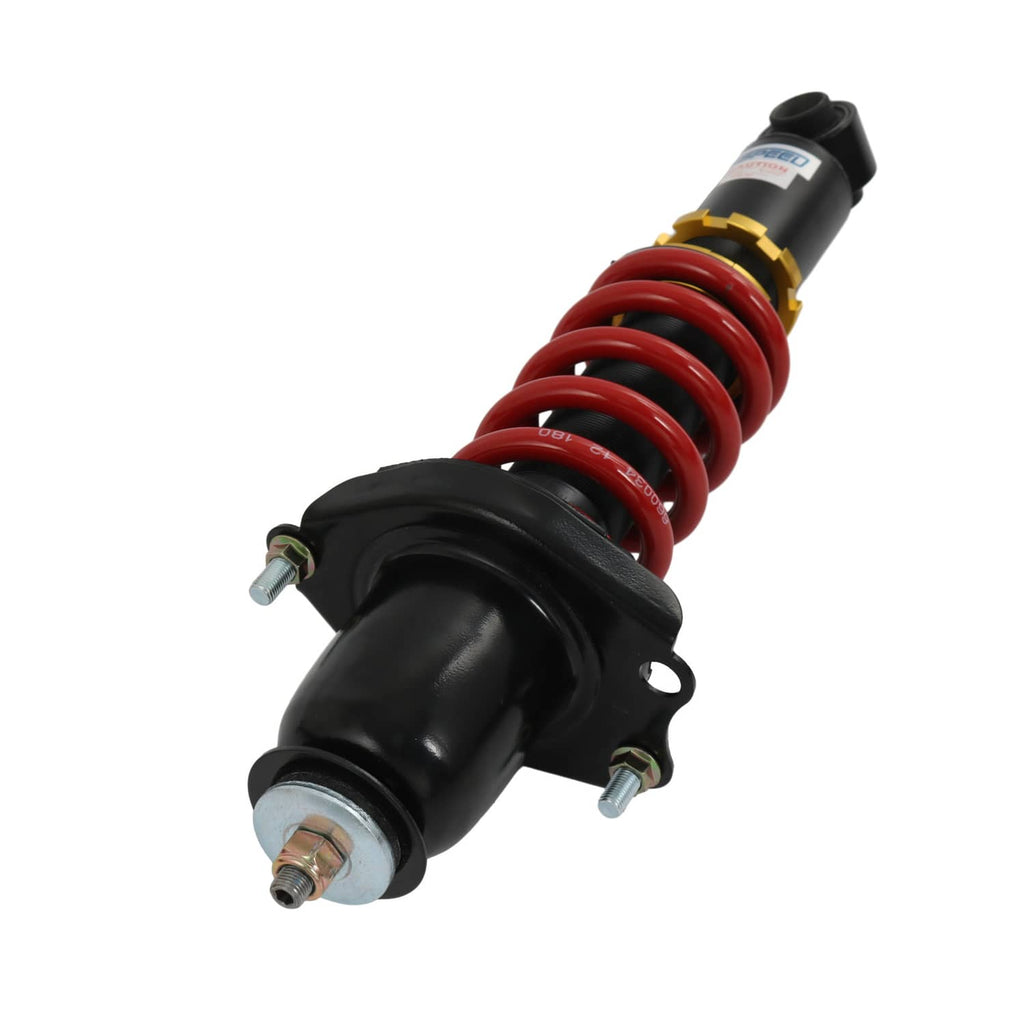 Coilover suspension strut with black mount base, red spring, gold collar and bolts