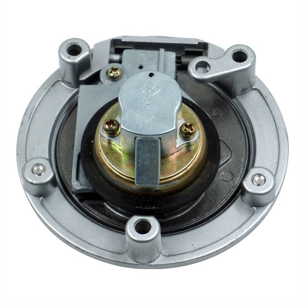 Silver fuel cap lock base with black ring and electrical contacts